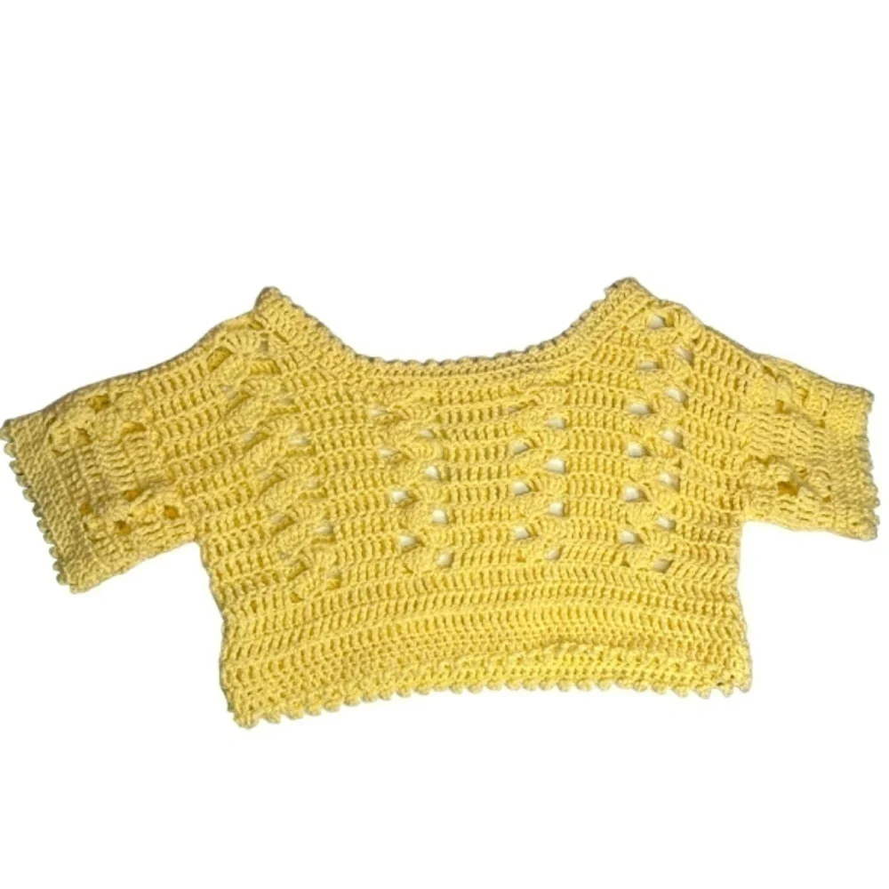 Handmade Crochet Crop Top Light Yellow Acrylic Yarn Short Sleeve Scoop Neck